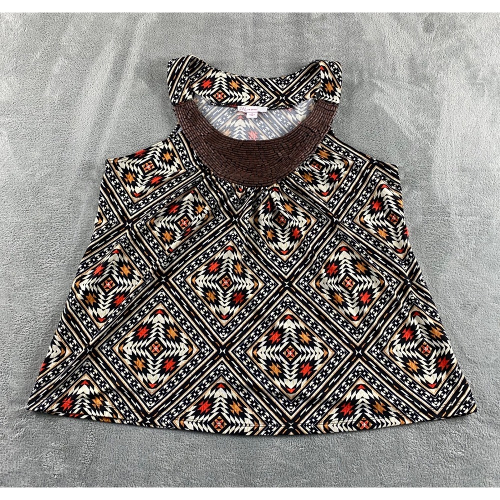 JW Style Womens Large Aztec Geometric Beaded Neckline Slv less Top Black Orange